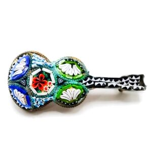 Antique Italian Inlaid Micro Mosaic Colorful Guitar Brooch Pin